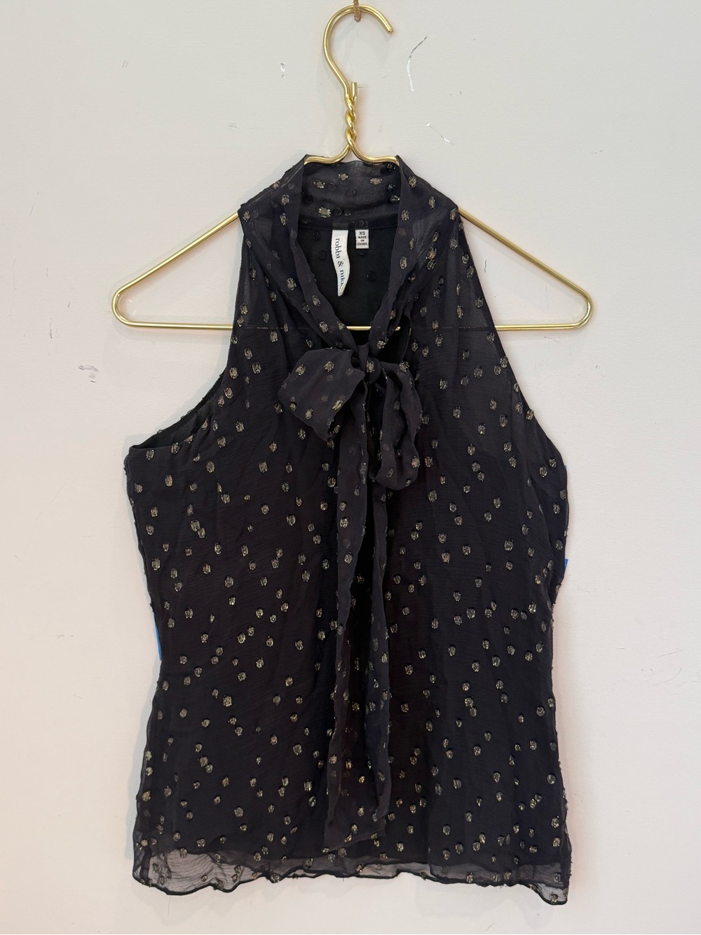 Robbi & Nikki Black Sleeveless Tie-Neck Blouse with Gold Metallic Dots